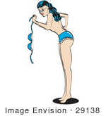 #29138 Royalty-Free Cartoon Clip Art Of A Sexy Brunette Woman In A Denim Bikini Waving Her Top And Standing Topless