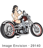 #29140 Royalty-Free Cartoon Clip Art Of A Sexy Topless Brunette Woman In A Red Thong Stockings And Heels Looking Back Over Her Shoulder And Holding A Wrench While Sitting On A Motorcycle