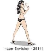 #29141 Royalty-Free Cartoon Clip Art Of A Sexy Long Haired Brunette Woman In A Black And White Polka Dot Bikini Looking Back Over Her Shoulder