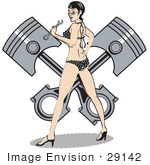 #29142 Royalty-Free Cartoon Clip Art Of A Sexy Brunette Woman In A Black And White Polka Dot Bikini And High Heels Holding A Wrench And Looking Back While Standing In Front Of A Piston