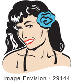 #29144 Royalty-Free Cartoon Clip Art Of A Pretty Brunette Woman With A Blue Flower In Her Hair