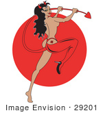 #29201 Royalty-Free Cartoon Clip Art Of A Sexy Pinup Woman Modeling In A Red High Heel And Devil Costume Holding Her Tail And Sporting A Rose Tattoo On Her Butt