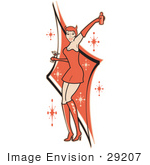 #29207 Royalty-Free Cartoon Clip Art Of A Sexy Woman In A Tight Red Dress Gloves And Tall Boots And Forked Devil Tail Dancing While Drinking At A Party