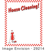#29214 Royalty-free Cartoon Clip Art of a Woman Vacuuming With A Canister Vacuum With Text Reading "House Cleaning!" Borderd By Red Checkers by Andy Nortnik