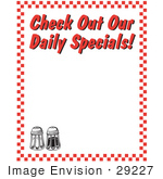 #29227 Royalty-Free Cartoon Clip Art Of A Salt And Pepper Shakers And Text Reading &Quot;Check Out Our Daily Specials!&Quot; Borderd By Red Checkers