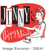 #29241 Royalty-Free Cartoon Clip Art Of A Happy Redhaired Woman In An Apron Ironing Clothes On A Vintage Jenny’S Happy Maids Advertisement