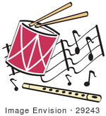 #29243 Royalty-free Cartoon Clip Art of a Drumsticks Playing a Drum and a Flute Over a Musical Note Background by Andy Nortnik