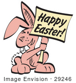 #29246 Royalty-Free Cartoon Clip Art Of A Pink Easter Bunny With Buck Teeth Holding A Happy Easter Sign