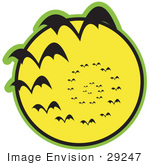 #29247 Royalty-Free Cartoon Clip Art Of A Continuous Vortex Spiral Of Vampire Bats Flying In Silhouette Against A Bright Full Yellow Moon And Slowly Disappearing In The Distance