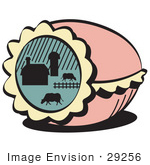 #29256 Royalty-Free Cartoon Clip Art Of A Pink Decorated Easter Egg With A Farm Scene Of Cows Grazing In A Pasture Near A Barn