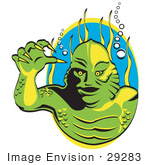 #29283 Royalty-Free Cartoon Clip Art Of A Green Swamp Monster With Yellow Talons And Scaly Skin Breathing Underwater With Bubbles And Aquatic Plants