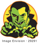 #29291 Royalty-Free Cartoon Clip Art Of A Male Vampire With Dark Hair Slicked Back Reaching Outwards While Grinning And Showing His Fangs As A Vampire Bat Flies In The Distance