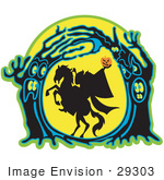 #29303 Royalty-free Cartoon Clip Art of the Headless Horseman Holding His Pumpkin Head up High As His Horse Rears up in a Haunted Forest of Evil Trees by Andy Nortnik