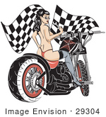 #29304 Royalty-free Cartoon Clip Art of a Sexy Topless Brunette Woman In A Red Thong, Stockings And Heels, Looking Back Over Her Shoulder And Holding A Wrench While Sitting On A Motorcycle And Racing Flags In The Background by Andy Nortnik