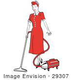#29307 Royalty-free Cartoon Clip Art of a Red Haired Housewife Or Maid Woman In A Long Red Dress And Heels, Using A Canister Vacuum To Clean The Floors by Andy Nortnik