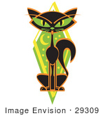 #29309 Royalty-Free Cartoon Clip Art Of A Mysterious Thin Black Cat Sitting In Front Of A Green Diamond With The Moon And Stars