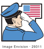 #29311 Royalty-Free Cartoon Clip Art Of A Military Man In Blue Saluting The American Flag On The Fourth Of July