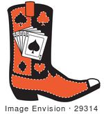 #29314 Royalty-Free Cartoon Clip Art Of A Black And Red Cowboy Boot With Playing Cards And Silhouettes Of A Spade Club Diamond And Heart