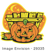 #29335 Royalty-Free Cartoon Clip Art Of A Halloween Pumpkin With A Carved Face Resting By A Fence At Night