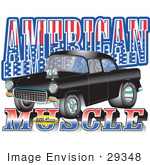 #29348 Royalty-Free Cartoon Clip Art Of A Black 1955 Chevy Muscle Car With Text Reading &Quot;American Muscle&Quot; With Stars And Stripes