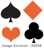 #29358 Royalty-Free Cartoon Clip Art Of A Black Spade And Club With An Orange Diamond And Heart