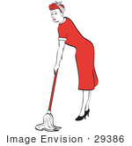 #29386 Royalty-Free Cartoon Clip Art Of A Red Haired Housewife Or Maid Woman In A Long Red Dress And High Heels Using A Mop To Clean The Floors