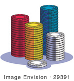 #29391 Royalty-Free Cartoon Clip Art Of A Stacks Of Red Yellow Blue And White Poker Chips In A Casino