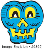 #29395 Royalty-Free Cartoon Clip Art Of A Scary Blue Halloween Skull Glowing With Yellow Light