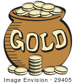 #29405 Royalty-free Cartoon Clip Art of a Stack Of Gold Coins Near A Pot Of Leprechaun’s Gold by Andy Nortnik