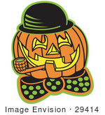 #29414 Royalty-Free Cartoon Clip Art Of A Carved Jack O Lantern Wearing A Hat And Bowtie And Grinning While Smoking A Pipe