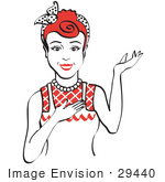 #29440 Royalty-free Cartoon Clip Art of a Friendly Red Haired Housewife, Waitress Or Maid Woman Wearing An Apron And Resting One Hand On Her Chest While Holding The Other Hand Up by Andy Nortnik