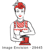 #29445 Royalty-Free Cartoon Clip Art Of A Red Haired Housewife Or Maid Woman Facing Front And Smiling While Using A Manual Coffee Grinder