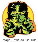 #29452 Royalty-Free Cartoon Clip Art Of A Male Werewolf Showing Fangs And Talons While Cast In Green And Yellow Lighting