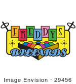 #29456 Royalty-Free Cartoon Clip Art Of A Rack Of Pool Balls On A Vintage Colorful Freddys Billiards Sign