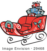 #29468 Royalty-Free Cartoon Clip Art Of A Red Sleigh Decorated With Holly And A Wreath Carrying Presents