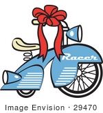 #29470 Royalty-Free Cartoon Clip Art Of A Brand New Blue Racer Tricycle Bike With A Red Ribbon In The Handlebars