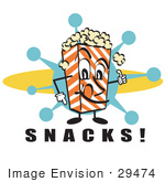 #29474 Royalty-Free Cartoon Clip Art Of A Popcorn Carton Character Filled With Buttery Popcorn Pointing Down At Text Reading &Quot;Snacks&Quot; At A Movie Theater