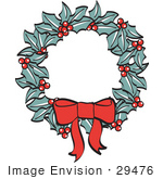#29476 Royalty-Free Cartoon Clip Art Of A Red Bow On A Christmas Wreath Made Of Holly