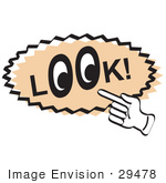 #29478 Royalty-Free Cartoon Clip Art Of A Vintage Sign Showing A Hand Pointing To The Word Look With Eyes In The O’S