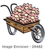 #29482 Royalty-Free Cartoon Clip Art Of An Old Fashioned Wooden Wheelbarrow With Pretty Pink And White Daisy Flowers On Easter