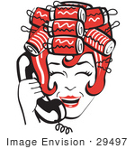 #29497 Royalty-Free Cartoon Clip Art Of A Red Haired Housewife With Her Hair Up In Curlers Laughing While Talking On A Landline Telephone