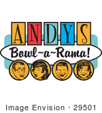 #29501 Royalty-Free Cartoon Clip Art Of A Man Woman Boy And Girl Laughing And Having Fun On A Vintage &Quot;Andy’S Bowl-A-Rama!&Quot; Sign