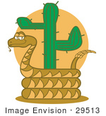 #29513 Royalty-Free Cartoon Clip Art Of A Rattlesnake Holding Out His Rattle And Curled Around A Desert Cactus