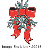 #29516 Royalty-Free Cartoon Clip Art Of A Red Ribbon Hanging Mistletoe Upside Down For People To Kiss Under