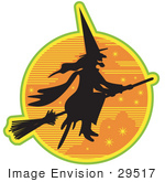 #29517 Royalty-Free Cartoon Clip Art Of An Ugly Witch In The Traditional Black Dress And Pointy Hat Riding On A Broomstick And Silhouetted Against An Orange Starry Night Sky