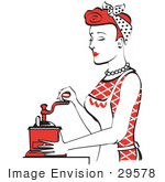 #29578 Royalty-Free Cartoon Clip Art Of A Beautiful Red Haired Housewife Or Maid Woman Using A Manual Coffee Grinder