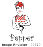 #29579 Royalty-Free Cartoon Clip Art Of A Red Haired Housewife Or Maid Woman Grinding Fresh Pepper While Cooking With Text
