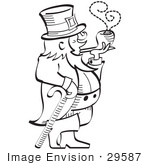 #29587 Royalty-Free Cartoon Clip Art Of A Leprechaun Leaning On A Cane And Smoking A Pipe In Black And White