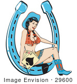 #29600 Royalty-Free Cartoon Clip Art Of A Sexy Brunette Cowgirl In A Halter Top And Mini Skirt Sitting In A Horseshoe And Holding Playing Cards