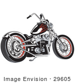 #29605 Royalty-Free Cartoon Clip Art Of A Black Motorcycle With Red Flame Paint Accents